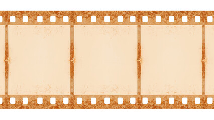 Aged film strip with sprocket holes and textured frame borders on transparent background