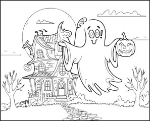 Naklejka premium Halloween coloring page with spooky elements and hand-drawn doodle vector outline illustration