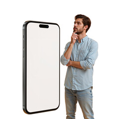 Pensive man contemplating innovative mobile technology against an isolated transparent area