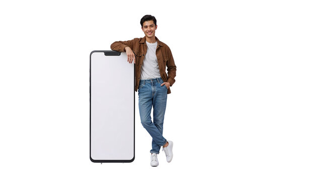 Young man leaning on large smartphone mockup, isolated for advertising needs