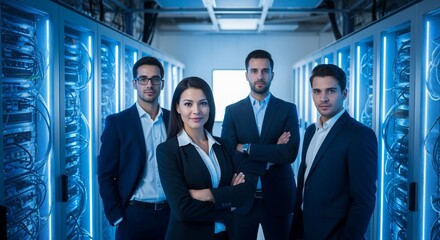 Team of IT Professionals Posing in Data Center.