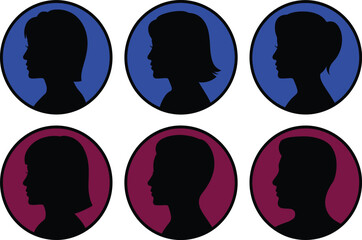Six circular profile silhouettes with varying hairstyles and background colors