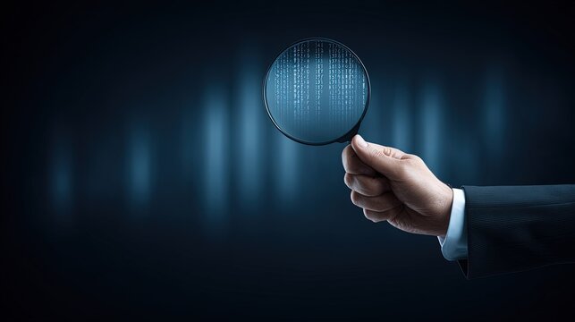 Man's hand holding magnifying glass showing binary code against dark blue background with blurry light effects creating sense of