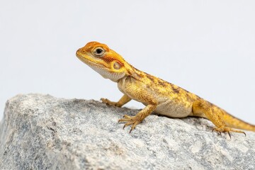 Obraz premium A yellowbrown lizard rests on a gray rock facing left Sharp claws textured skin are visible The background is white