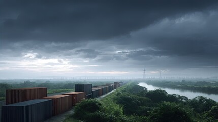 Fototapeta premium Shipping containers line narrow road adjacent to river under cloudy overcast sky power lines are visible in distant background