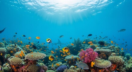 Fototapeta premium Underwater Coral Reef Scene with Colorful Fish and Sunlight