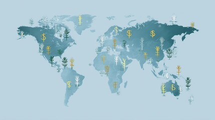 Naklejka premium World map displaying green and white tree icons along with gold dollar signs scattered over continents on pale blue background