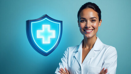 a medical professional or scientist exudes confidence and expertise, reinforced by the presence of a blue neon protective shield signifying safety and health protection