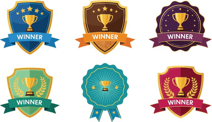 Collection of six colorful winner trophies and awards with ribbons and stars