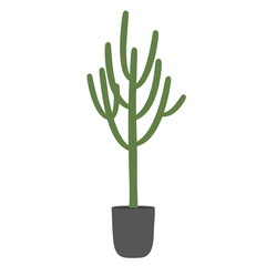 Stylized Pencil Cactus in a Dark Gray Pot, Flat Vector Illustration