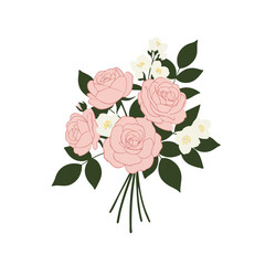 Delicate Pink Roses and White Flowers Bouquet Illustration with Green Leaves