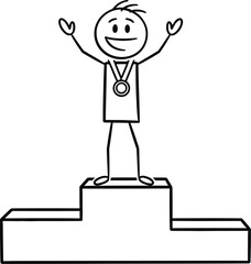 Stick figure champion celebrates on victory podium with medal and raised arms