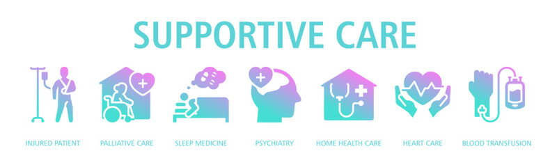 Supportive Care Web Banner Glyph Gradient icon vector illustration concept with icon of injured patient, palliative care, sleep medicine, psychiatry, home health care, heart care, blood transfusion