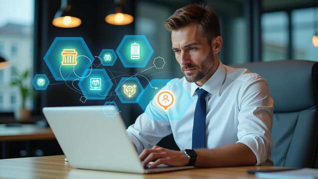 A male professional focuses on working on his laptop, surrounded by glowing digital icons representing various business functions and communications, such as email, documents, and social media.