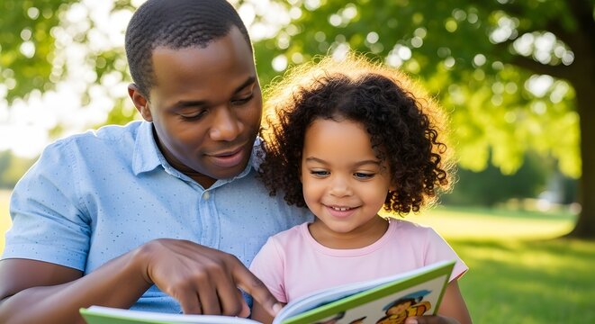 Father and daughter reading book outdoors together happy family time parenting and early childhood education father's day - Powered by Adobe