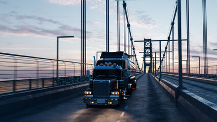 American style truck on freeway pulling load. Transportation theme. 3D illustration