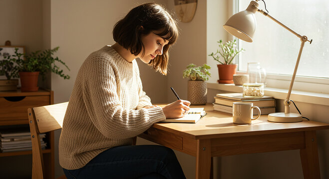 A young woman sits quietly at an antique wooden table, writing or jotting something down in her open notebook.