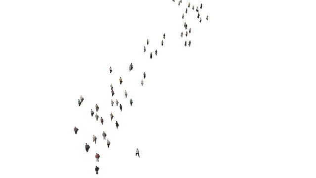 3d illustration of a crowd of people walking down the street on white background