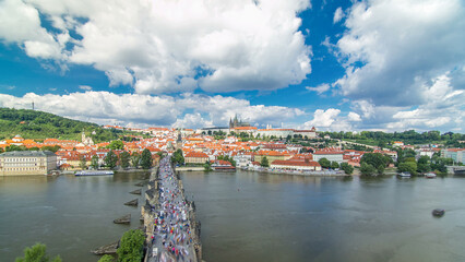 Charles Bridge and Prague Castle timelapse, view from the Bridge tower, Czech Republic