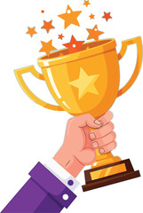 Hand holding golden trophy with stars raining down, celebrating victory and achievement.