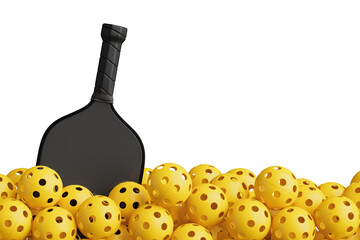 Sport And Activity Concept. Black Pickleball Paddle Standing In Pile Of Yellow Perforated Balls. 3d Rendering