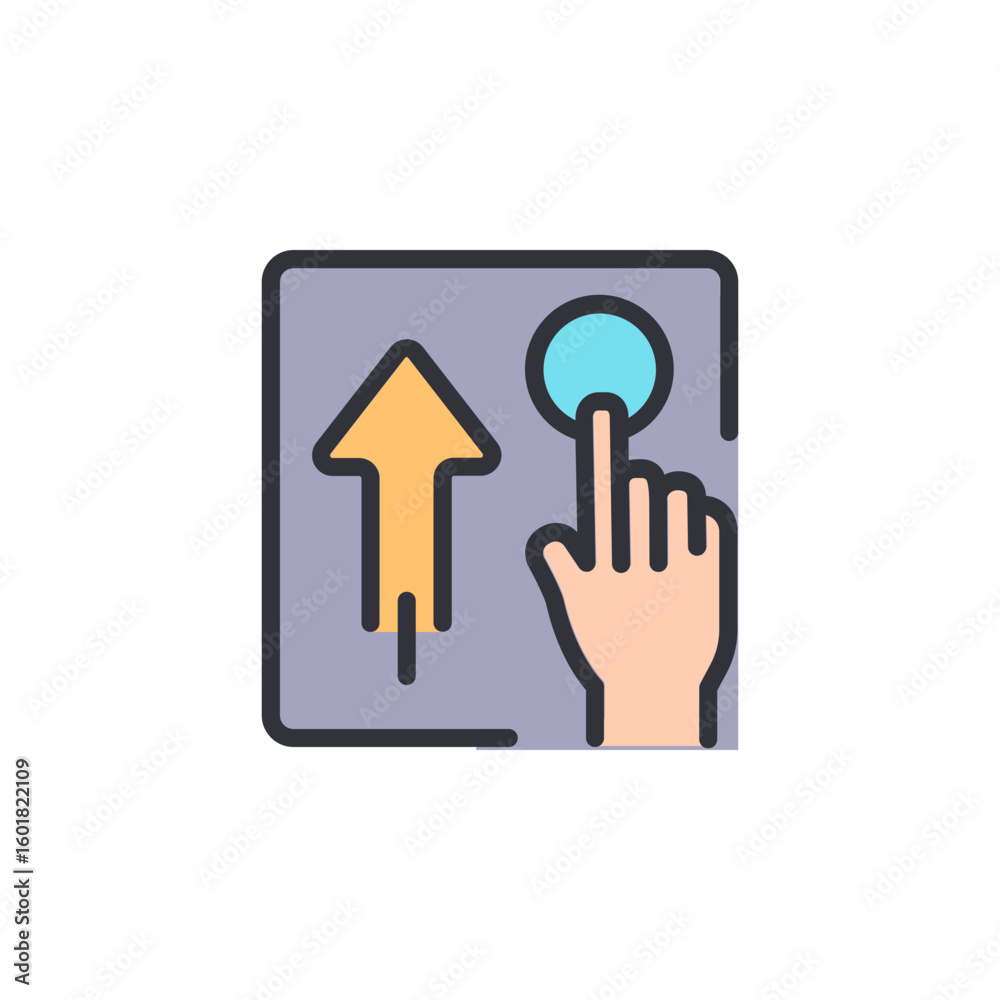 Poster hand gesture interacting with touchscreen device for upward action