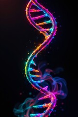 Vibrant Double Helix with Glowing Particles and Smoke