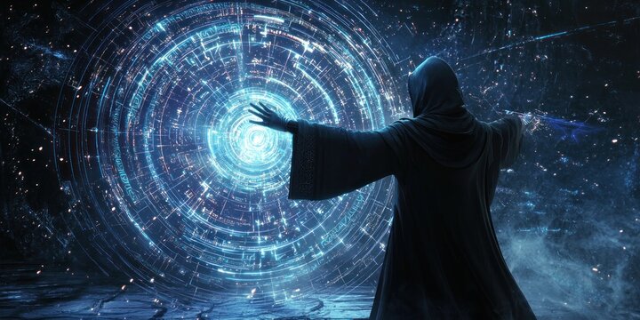 A futuristic mage using holographic runes to create a swirling vortex of light