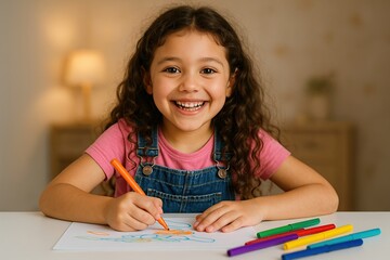Happy smiling girl drawing with markers at a table creative art project for kids childhood development
