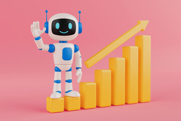 AI Growth And Technology Progress Concept. Smiling AI Robot Character With Rising Bar Graph. 3d Rendering