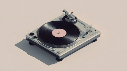 A classic turntable with a vinyl record placed on its platter. The design is elegant and minimalist, evoking a sense of nostalgia for analog music playback.