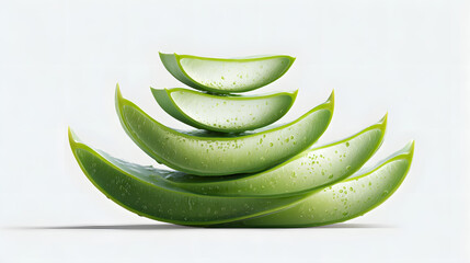 Several aloe vera slices neatly stacked, with their distinct, translucent green gel visible.
