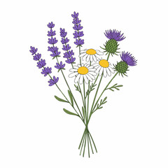 Obraz premium Delicate Bouquet of Lavender, Daisies, and Thistle Blooms