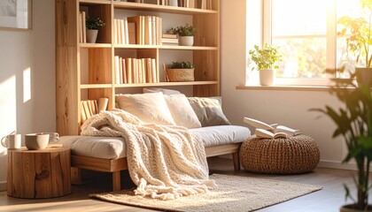 Obraz premium Cozy Sunlit Reading Nook with Bookshelf and Sofa