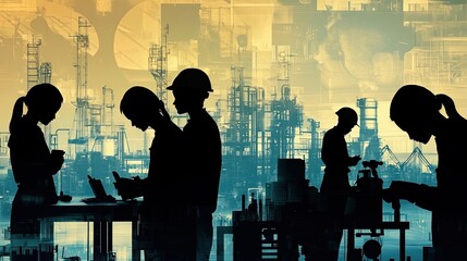 A montage featuring silhouettes of students learning practical skills, such as carpentry, cooking, and automotive repair, in vocational training centers. The background workshops and a cityscape 