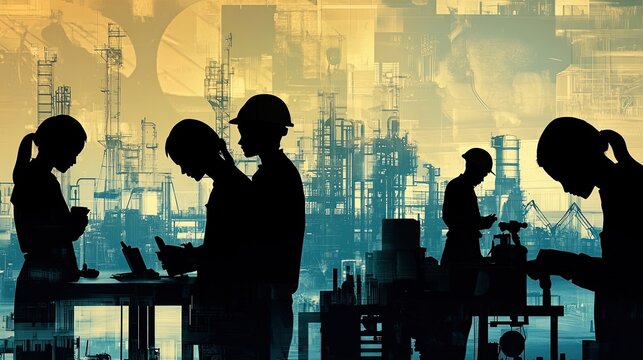 A montage featuring silhouettes of students learning practical skills, such as carpentry, cooking, and automotive repair, in vocational training centers. The background workshops and a cityscape 