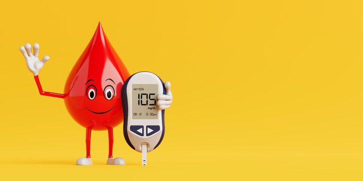 Diabetes Awareness And Health Monitoring Concept. Cartoon Blood Drop Mascot Character Person Holding Glucometer. 3d Rendering