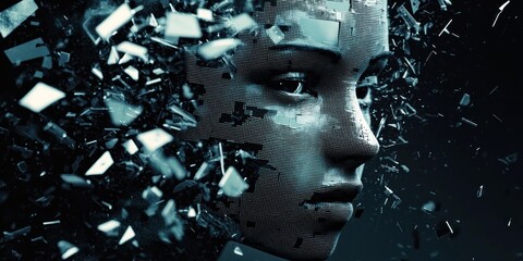 A futuristic portrait where a human face appears broken into pixelated digital fragments