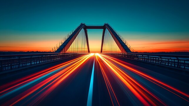 Vibrant light trails streak across a bridge at sunset