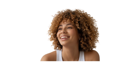 Joyful Young Woman with Curly Hair Smiling and Looking Up