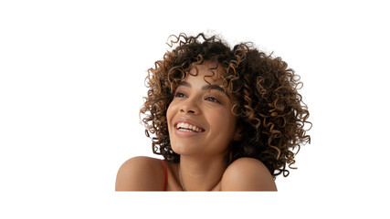 Joyful Young Woman with Curly Hair Smiling and Looking Up