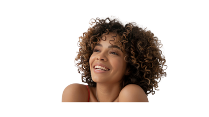 Joyful Young Woman with Curly Hair Smiling and Looking Up