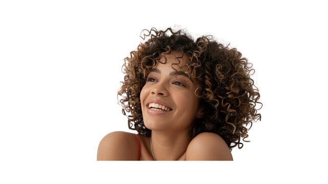 Joyful Young Woman with Curly Hair Smiling and Looking Up