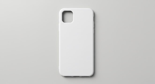 A blank white phone case lies flat on a light gray surface, showcasing its simple design and camera cutout.