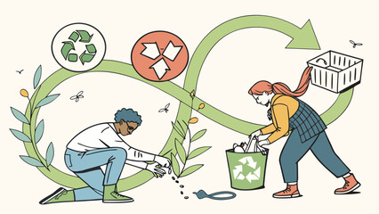 Sustainable Lifestyle:  Eco-Conscious Couple Recycling and Composting in a Charming Line Art Illustration Depicting a Circular Economy, Promoting Environmental Responsibility and a Green Future.