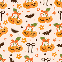 Cute Halloween Pumpkin Seamless Pattern, Kawaii Fall Bats and Flowers, Autumn Pumpkin Face Repeat Background