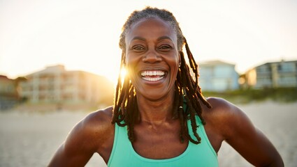 Smiling Black Woman Laughing on Beach at Sunset