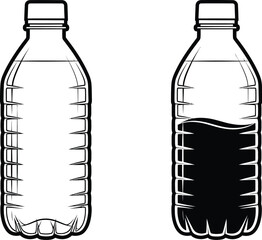 Two plastic water bottles, one full and one half-filled, presented in a clean, stylized outline graphic