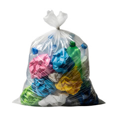 A clear plastic garbage bag filled with colorful trash isolated on transparent background