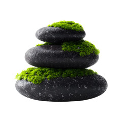 Stack of black spa stones with green moss isolated on transparent background